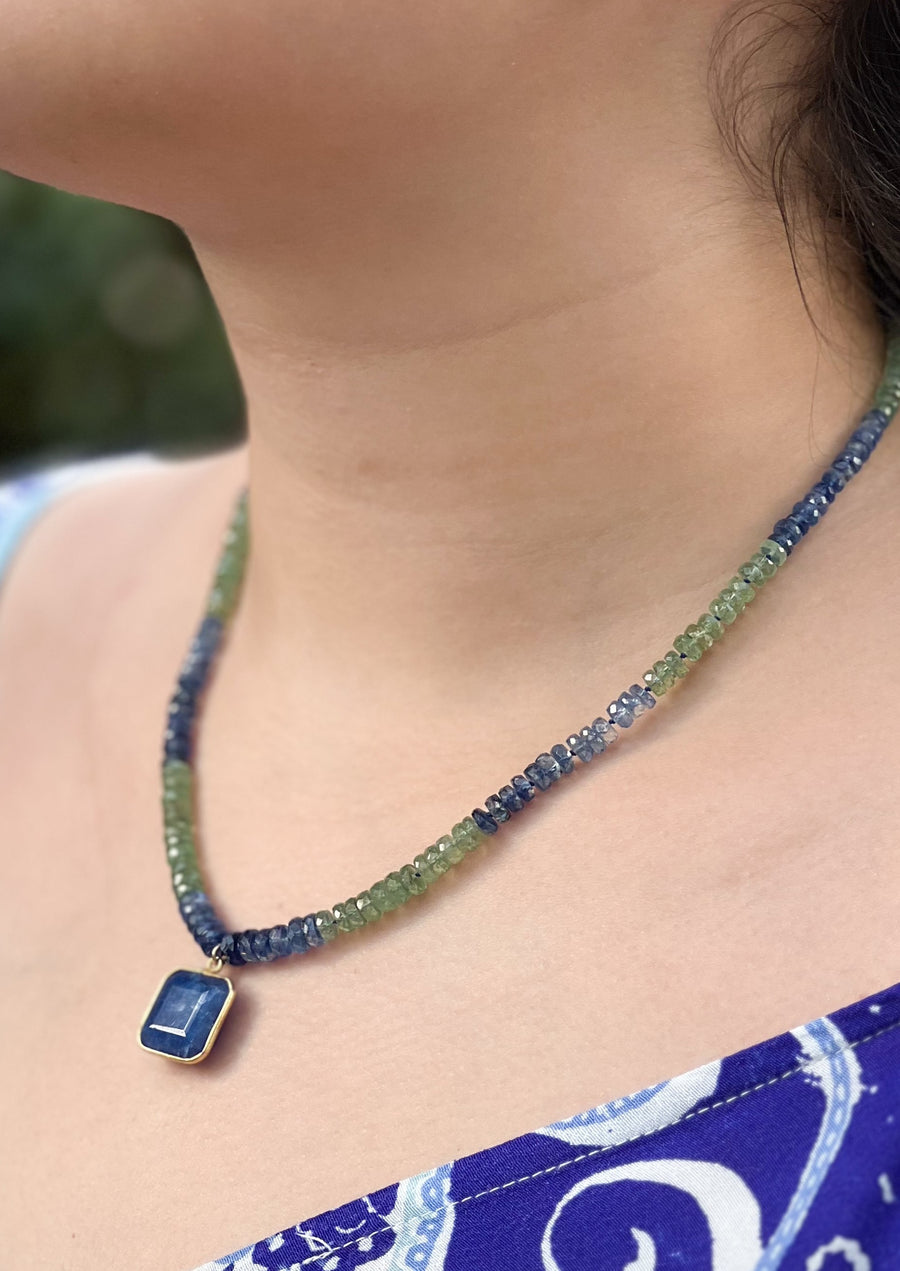 Blue and Green Kyanite Necklace with Lapis Pendant