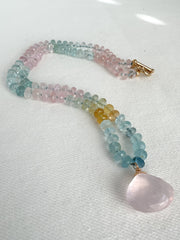 Morganite and Aquamarine Necklace with Rose Quartz Pendant