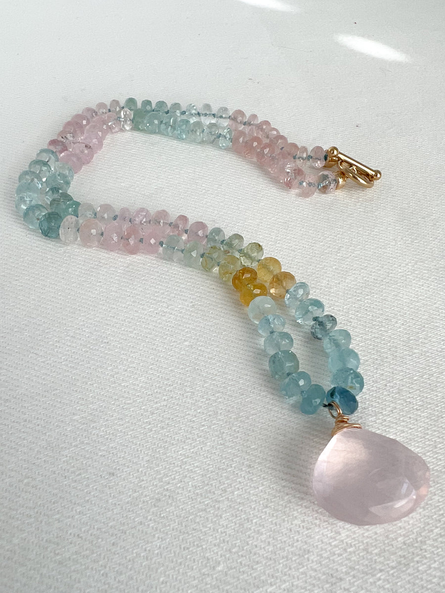 Morganite and Aquamarine Necklace with Rose Quartz Pendant