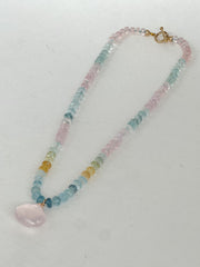 Morganite and Aquamarine Necklace with Rose Quartz Pendant