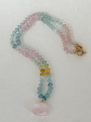 Morganite and Aquamarine Necklace with Rose Quartz Pendant