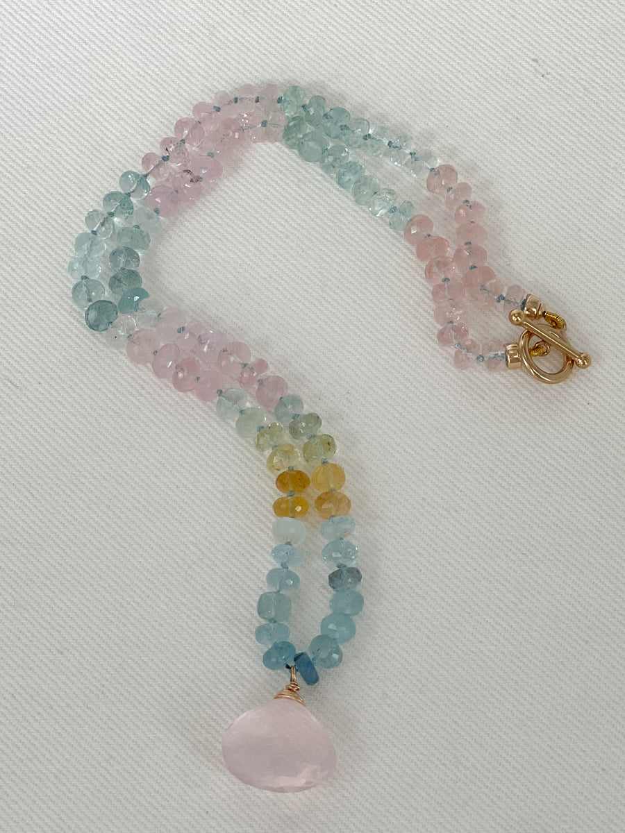 Morganite and Aquamarine Necklace with Rose Quartz Pendant