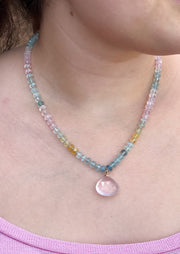 Morganite and Aquamarine Necklace with Rose Quartz Pendant