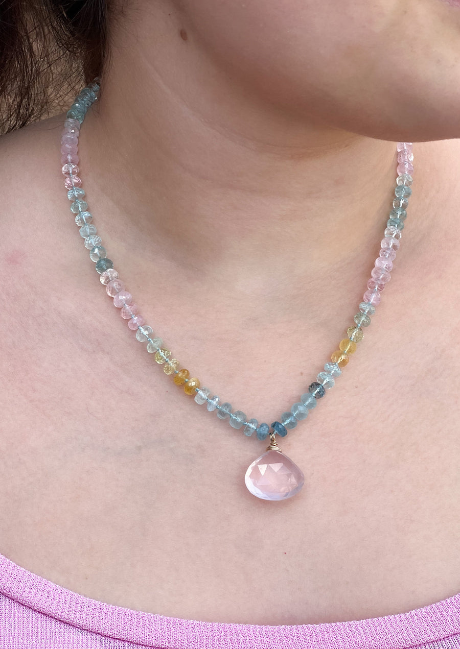 Morganite and Aquamarine Necklace with Rose Quartz Pendant