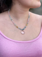 Morganite and Aquamarine Necklace with Rose Quartz Pendant