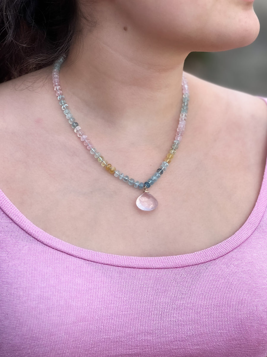 Morganite and Aquamarine Necklace with Rose Quartz Pendant