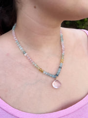 Morganite and Aquamarine Necklace with Rose Quartz Pendant