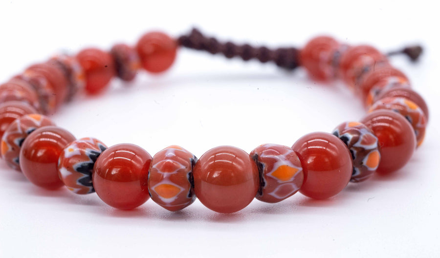 Men's Carnelian and Tibetan Glass Corded Bracelet