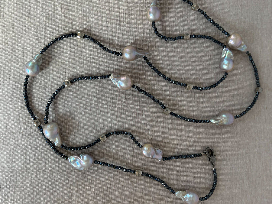 Baroque_Pearls,Long_Necklace,Gemstone_necklace,Pearl_necklace,Black_Spinel,Pyrite,Handmade,Gifts_for_Her,Fine_Jewelry,Mothers_Day,Classic_Jewelry,Freshwater_Pearls,Statement_Necklace