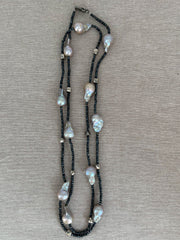 Long Baroque Pearl and Black Spinel Necklace