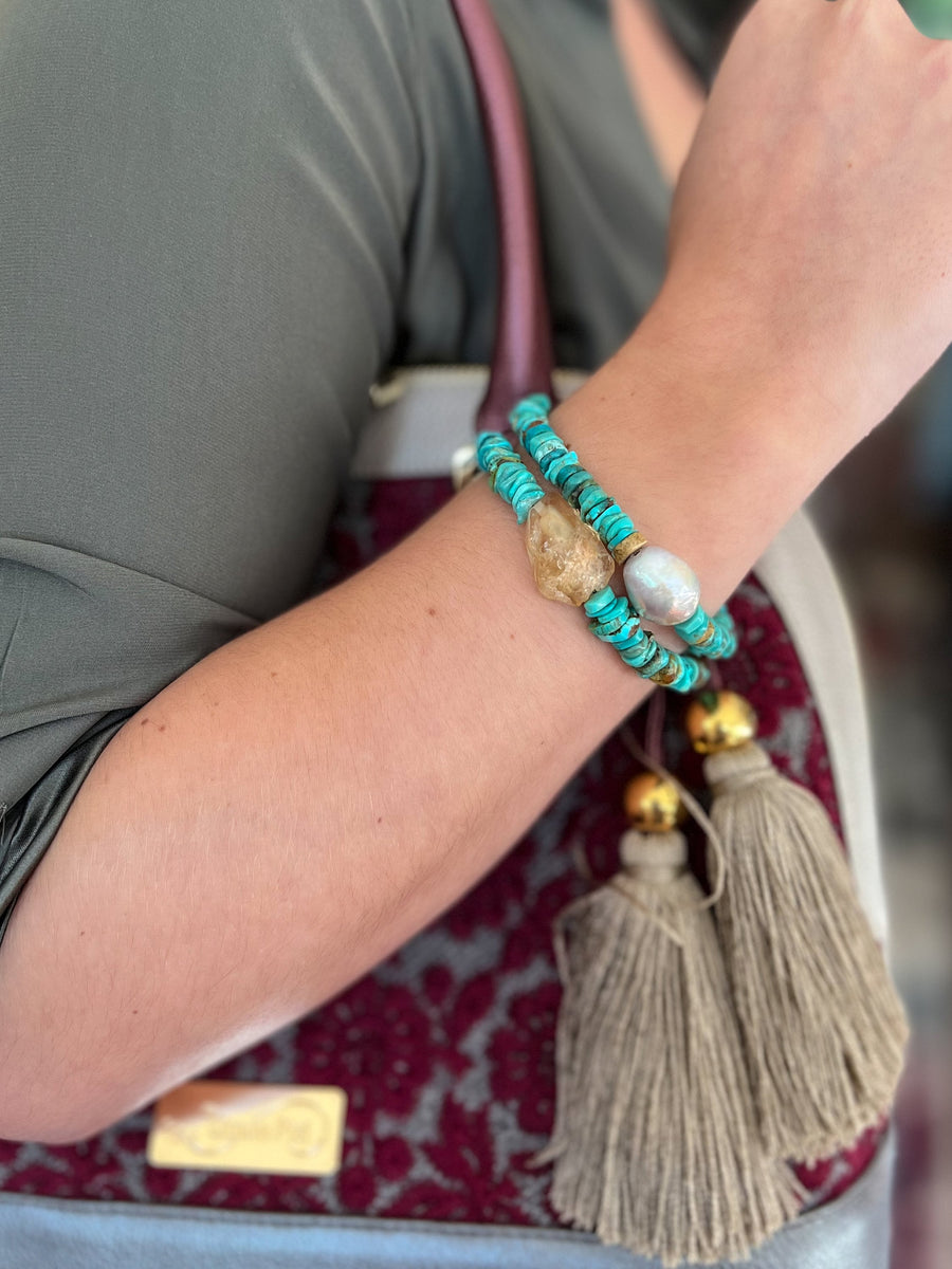 Turquoise Heishi and Baroque Pearl Bracelet