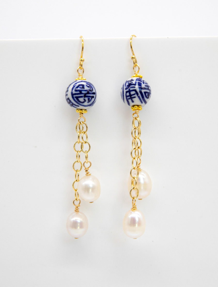 Chinoiserie Bead and Pearl Drop Earrings