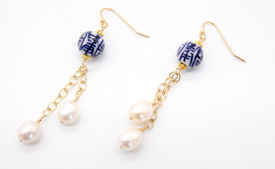 Chinoiserie Bead and Pearl Drop Earrings
