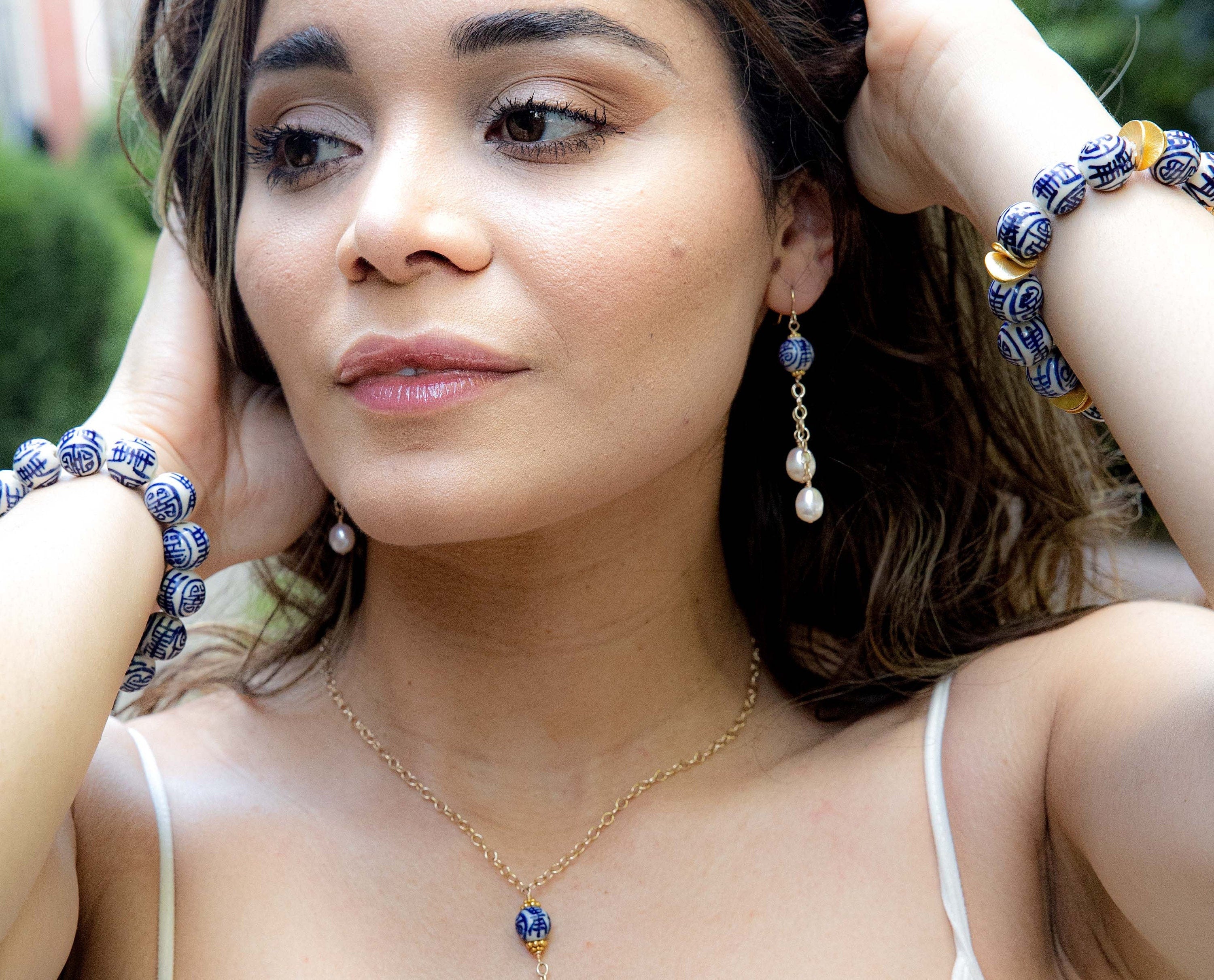 Chinoiserie_beads,Drop_Earrings,Rice_Pearl_drops,Chinoiserie,Gold_filled_chain,Gifts_for_Her,Mother's_Day,Fall_Fashion,Handmade,Timeless_style,Classic_earrings,blue_and_white_beads,Dangle_earrings