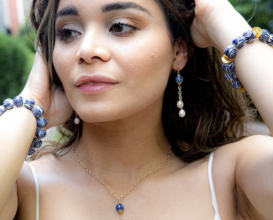Chinoiserie_beads,Drop_Earrings,Rice_Pearl_drops,Chinoiserie,Gold_filled_chain,Gifts_for_Her,Mother's_Day,Fall_Fashion,Handmade,Timeless_style,Classic_earrings,blue_and_white_beads,Dangle_earrings