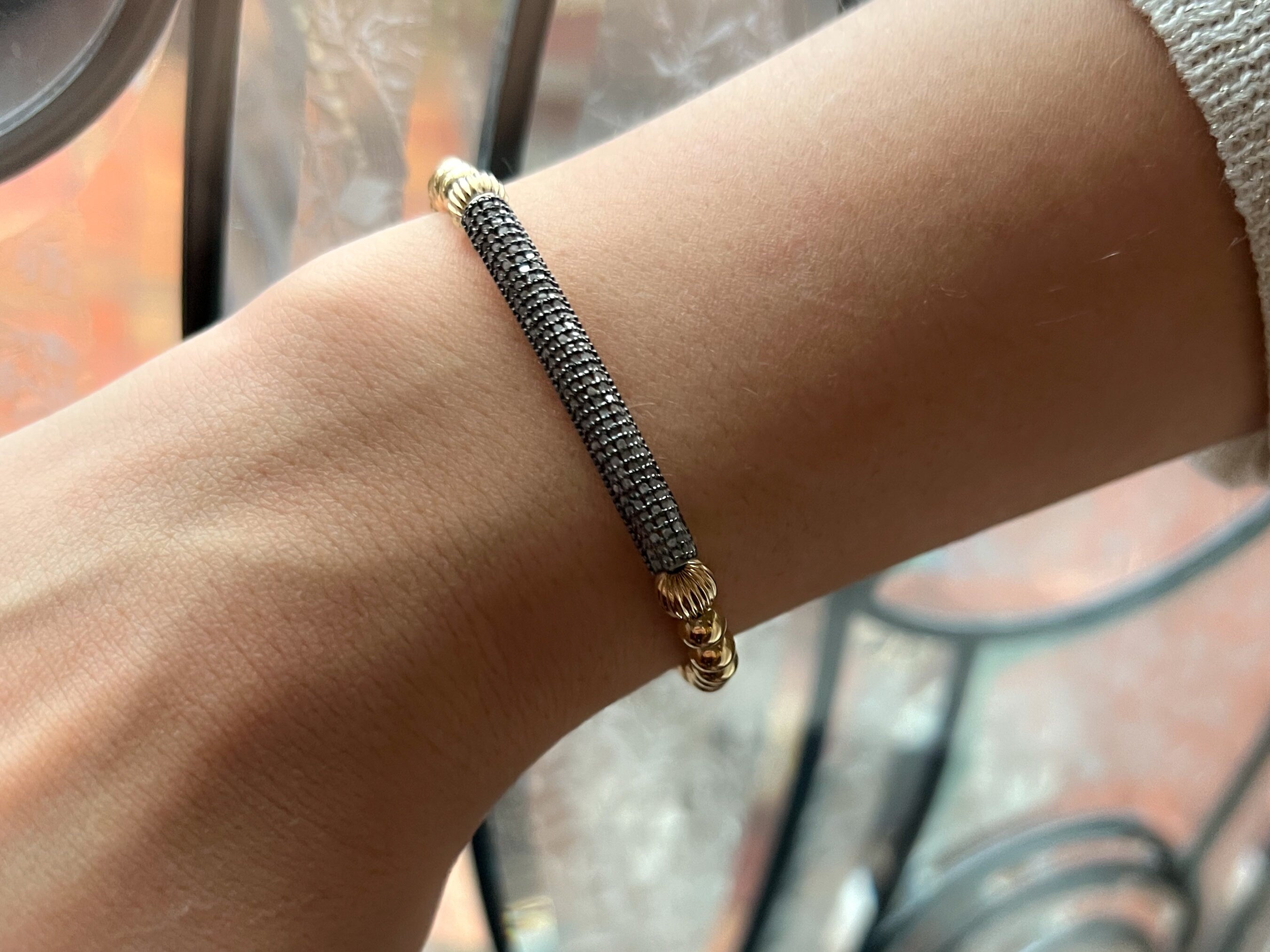 Natural_Gemstones,Pave_Diamond_Bar,Pave_Diamonds,Gold_bead_bracelet,Stretch_bracelet,Gold_and_Diamonds,Bar_accent_bracelet,Handmade_bracelet,Black_and_gold,Gift_for_Her,Gift_for_Mom,Popular_gifts,Oxidized_silver