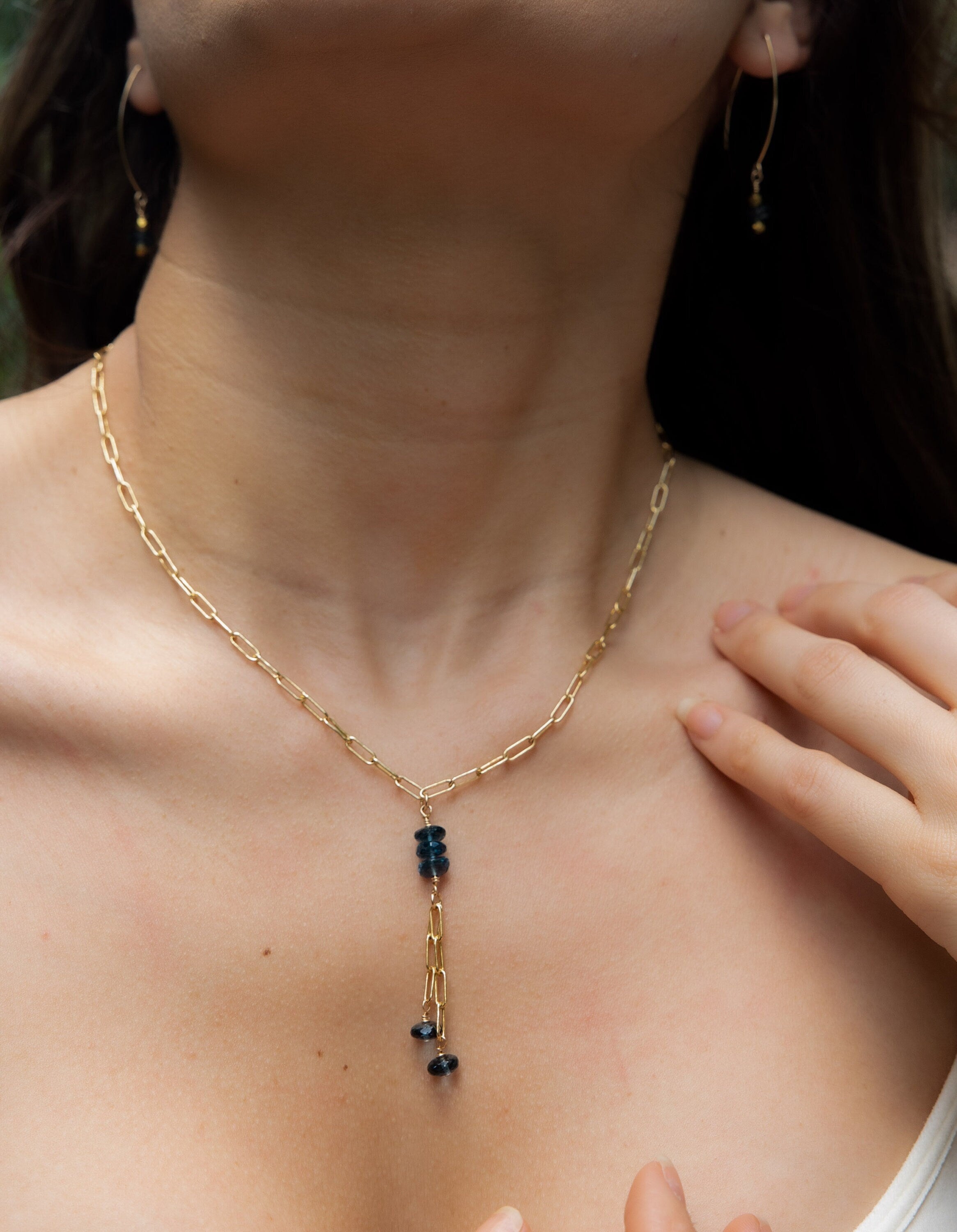 Gemstone_Necklace,London_Blue_Topaz,Handmade_necklaces,Natural_Gemstones,Popular_necklace,Mothers_Day_Gifts,Paperclip_Chain,Lariat_necklace,Gemstone_drop,Gift_She_Will_Love,Blue_Gemstone,Blue_and_Gold,Gold_Chain