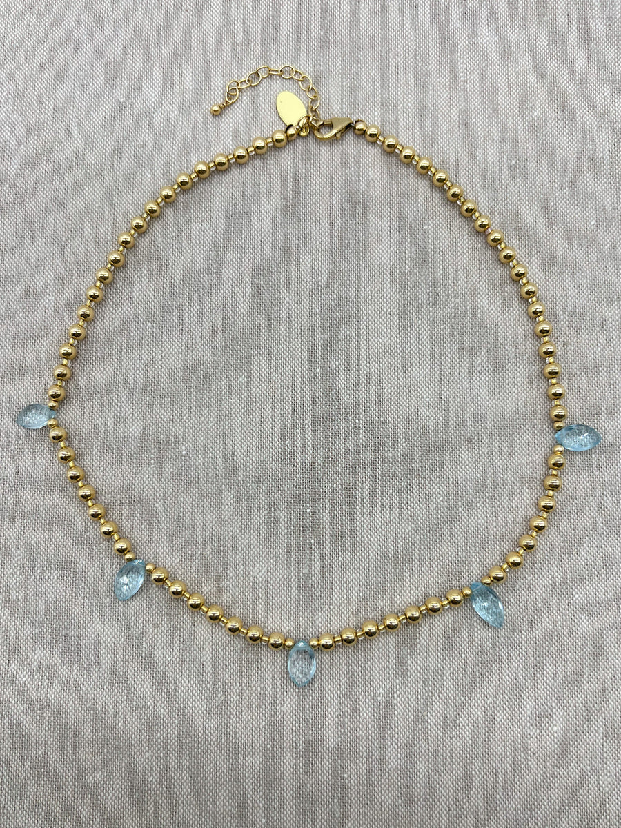 Lt Blue Topaz and Gold Bead Necklace