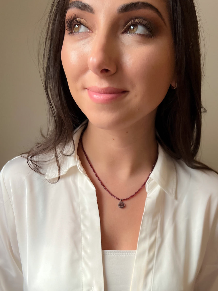 Dainty Garnet Necklace with Pave Gemstone Pendant