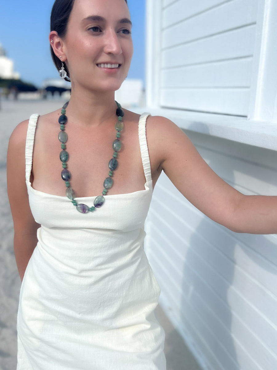 Fluorite_necklaces,Fluorite,Large_Fluorite,Gemstone_Necklaces,Striking_Necklaces,Statement_necklace,Summer_Jewelry,hand_knotted_pieces,Green_Aventurine,Handmade_jewelry,Green_and_Purple,Gifts_for_Her,Mother's_Day_Gifts