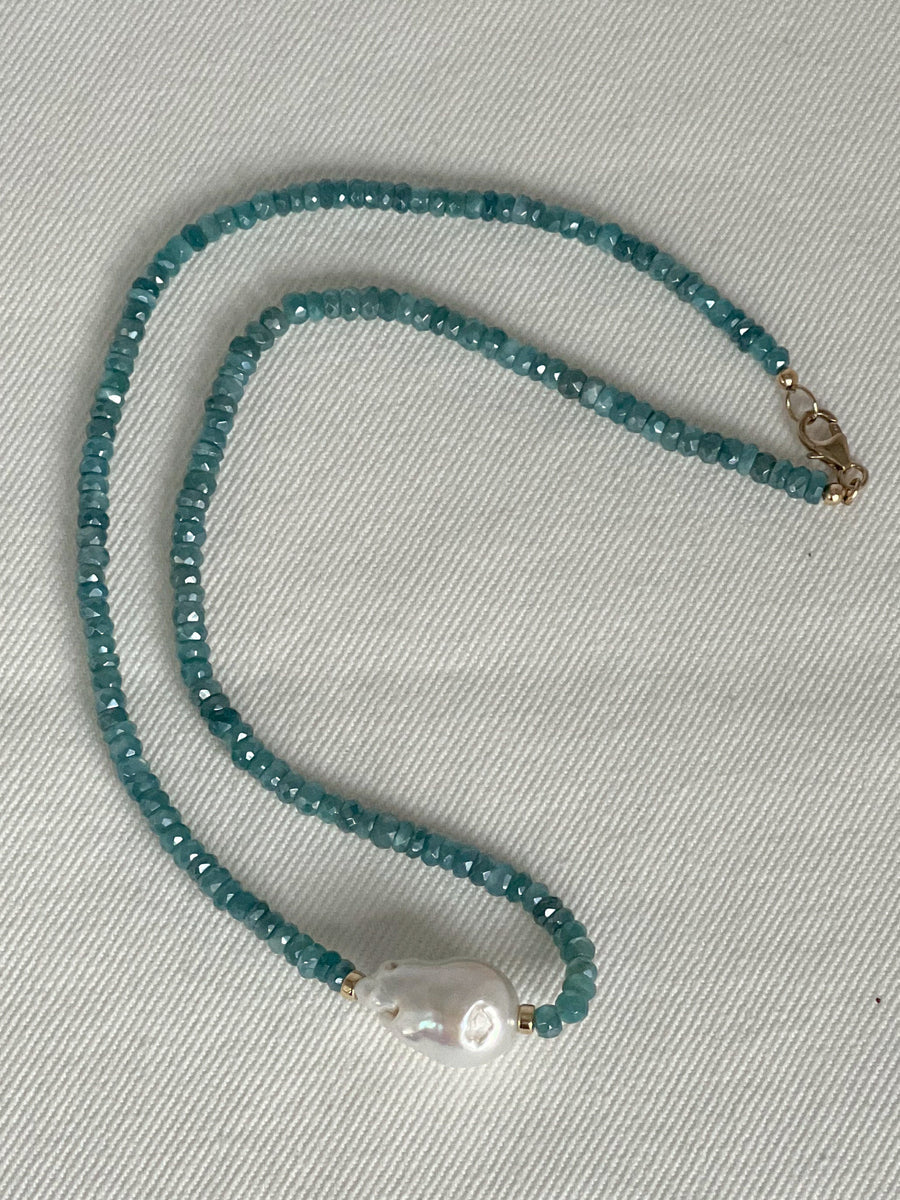 Blue Silverite and Baroque Pearl Necklace