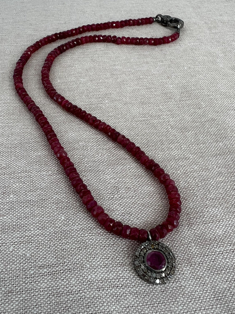 Ruby Necklace with Diamond Pave Ruby Pendant