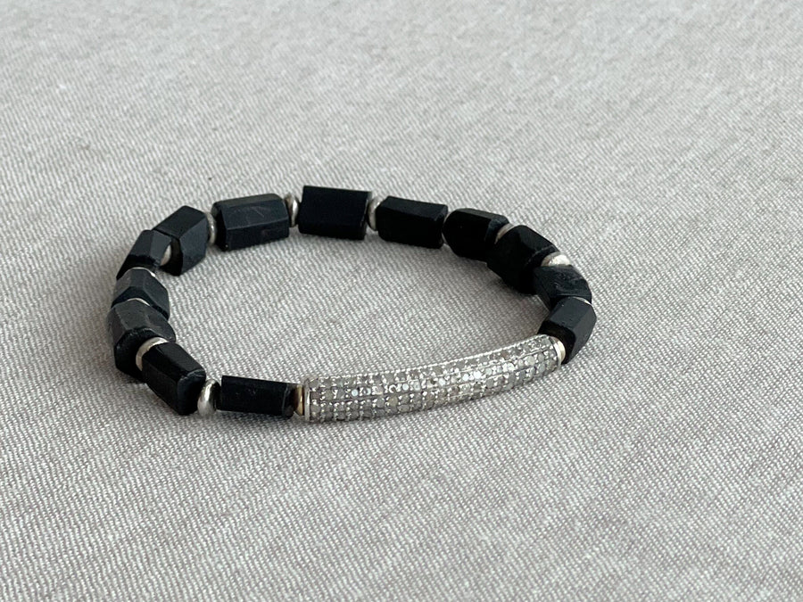 Men's Shungite Bracelet with Diamond Pave Bar Accent