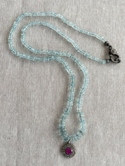 Aquamarine Heishi Necklace with Diamond Pave and Ruby Pendant