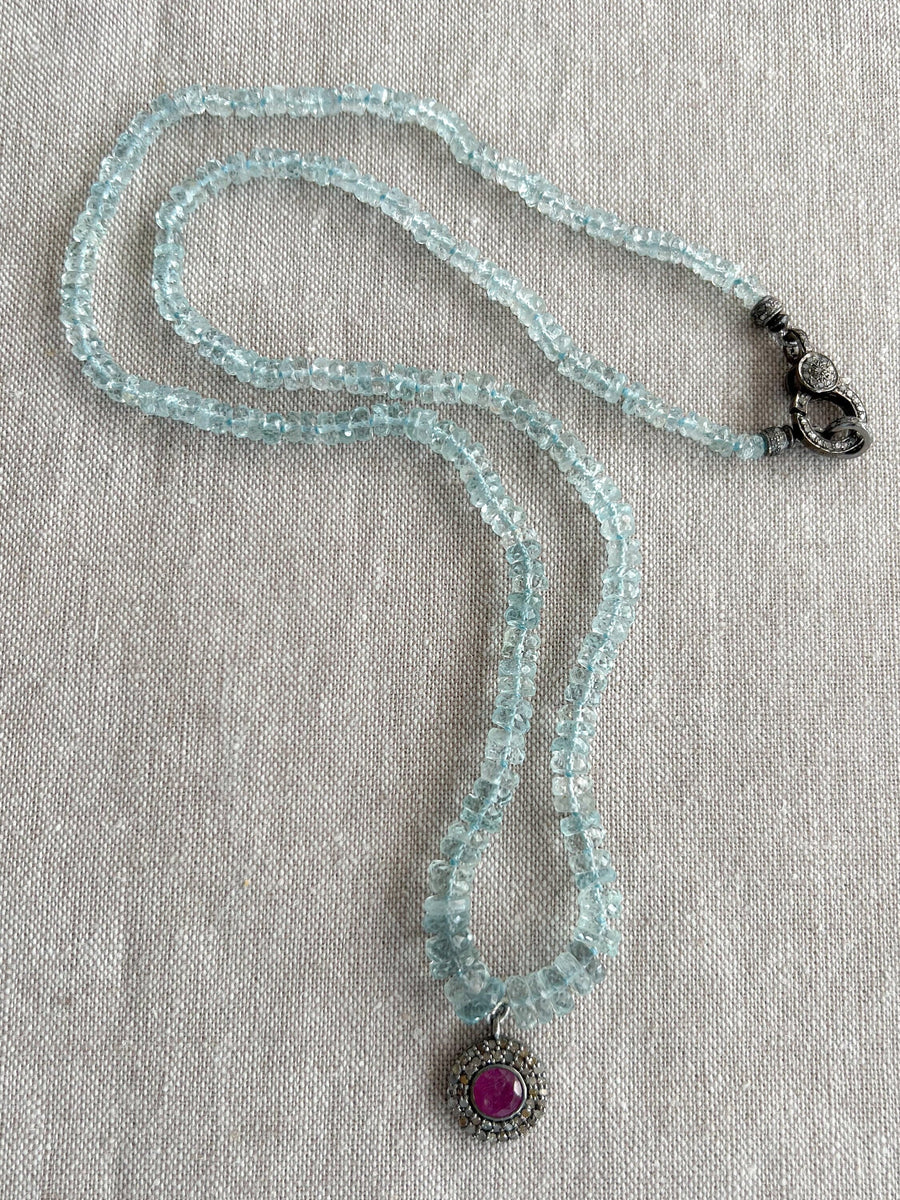 Aquamarine Heishi Necklace with Diamond Pave and Ruby Pendant