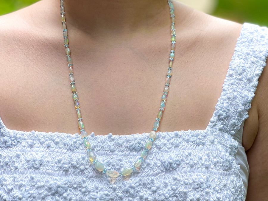 Opals,Opal_Necklace,Ethiopian_Opals,Blue_Topaz,Long_Necklace,hand_knotted,October_birthstone,Birthstone_jewelry,Fire_Opals,Classic_style,Handmade_necklace,Elegant_Necklace,Gift_she_will_love