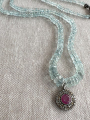 Aquamarine Heishi Necklace with Diamond Pave and Ruby Pendant
