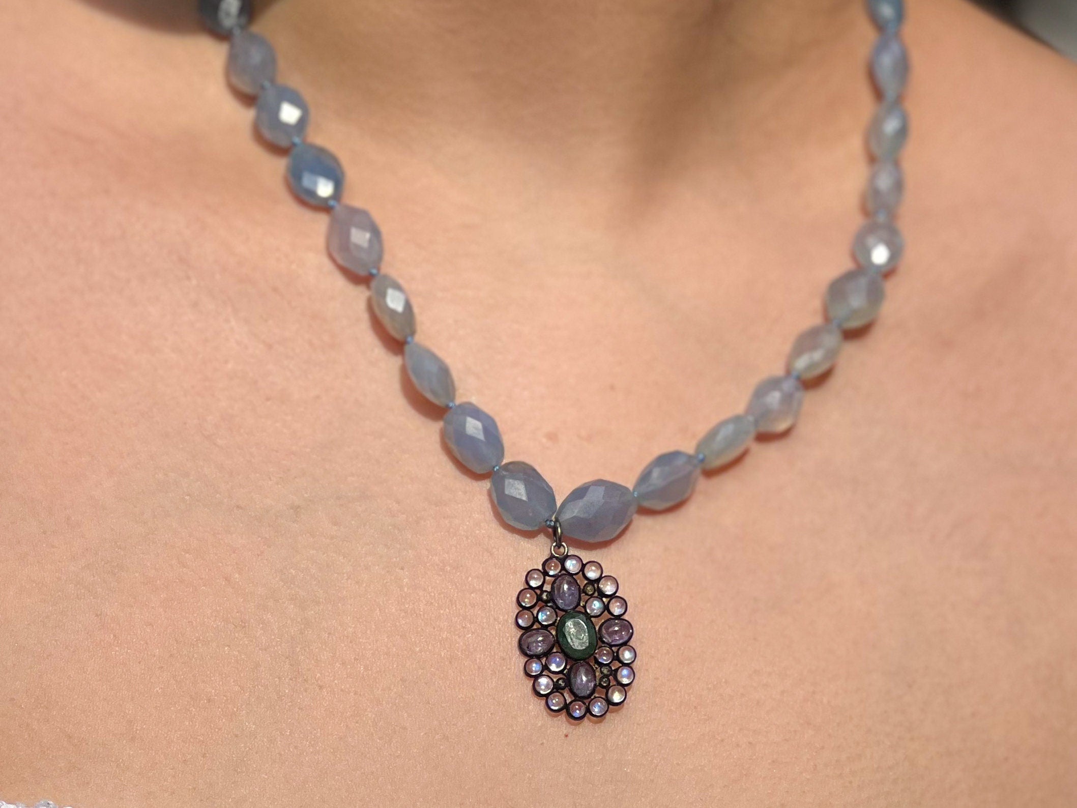 Gemstone_Necklace,Blue_Chalcedony,Chalcedony_necklace,Gemstone_Pendant,emerald,Moonstone,Summer_Necklace,Hand_knotted,Boho_Necklace,Diamond_Pave_clasp,Blue_Necklace,Short_Necklace,Handmade_Necklace