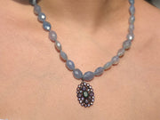 Gemstone_Necklace,Blue_Chalcedony,Chalcedony_necklace,Gemstone_Pendant,emerald,Moonstone,Summer_Necklace,Hand_knotted,Boho_Necklace,Diamond_Pave_clasp,Blue_Necklace,Short_Necklace,Handmade_Necklace