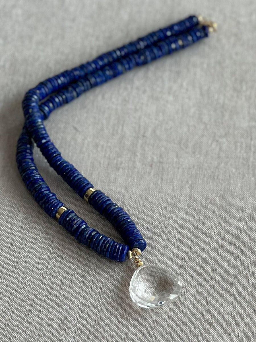 Heishi Lapis Necklace with Clear Quartz Pendant