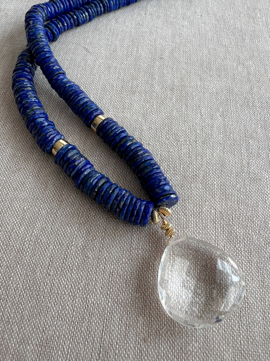 Heishi Lapis Necklace with Clear Quartz Pendant