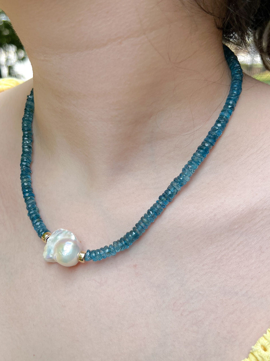 Neon Apatite Heishi Necklace with Baroque Pearl Accent