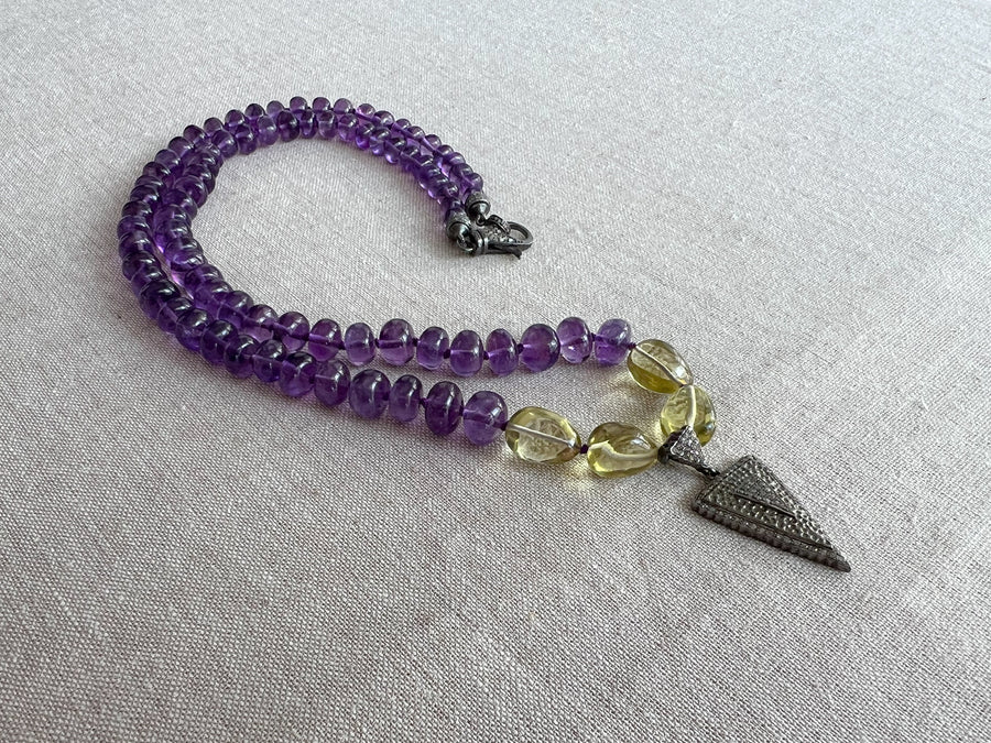 Amethyst Necklace with Lemon Quartz Accents and Pave Diamond Pendant