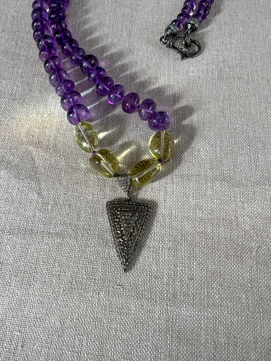 Amethyst Necklace with Lemon Quartz Accents and Pave Diamond Pendant