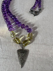 Amethyst Necklace with Lemon Quartz Accents and Pave Diamond Pendant