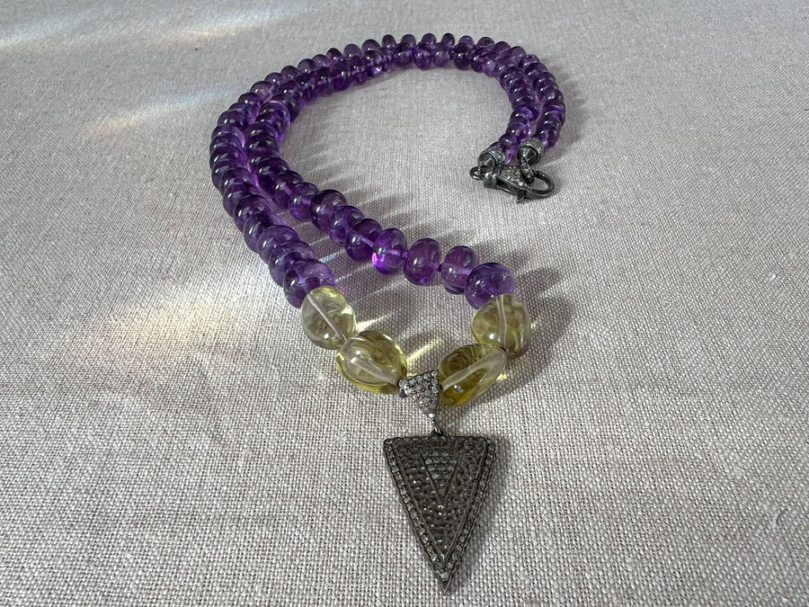 Amethyst Necklace with Lemon Quartz Accents and Pave Diamond Pendant