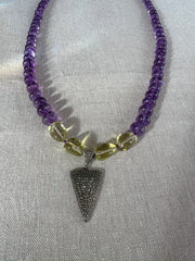 Amethyst Necklace with Lemon Quartz Accents and Pave Diamond Pendant