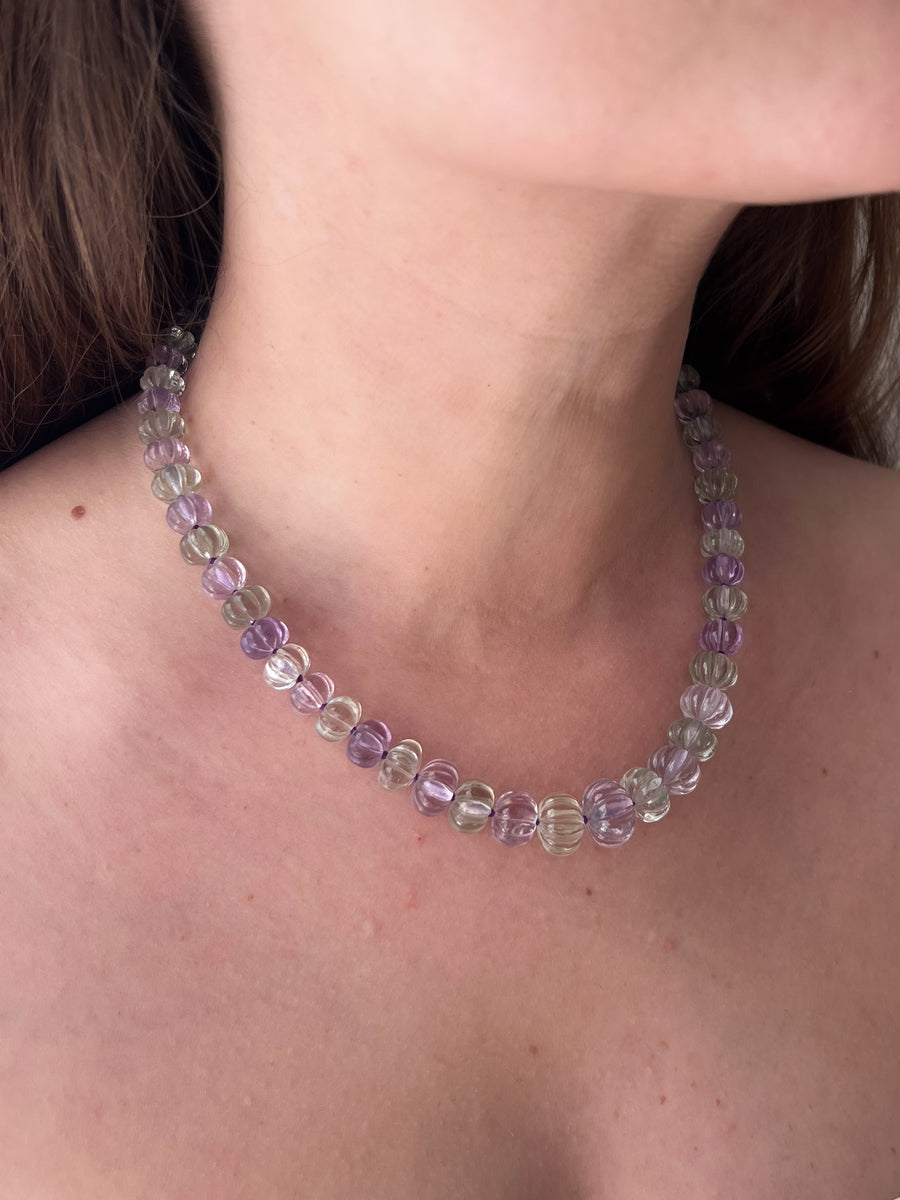 Amethyst and Prasiolite Carved Pumpkin Necklace