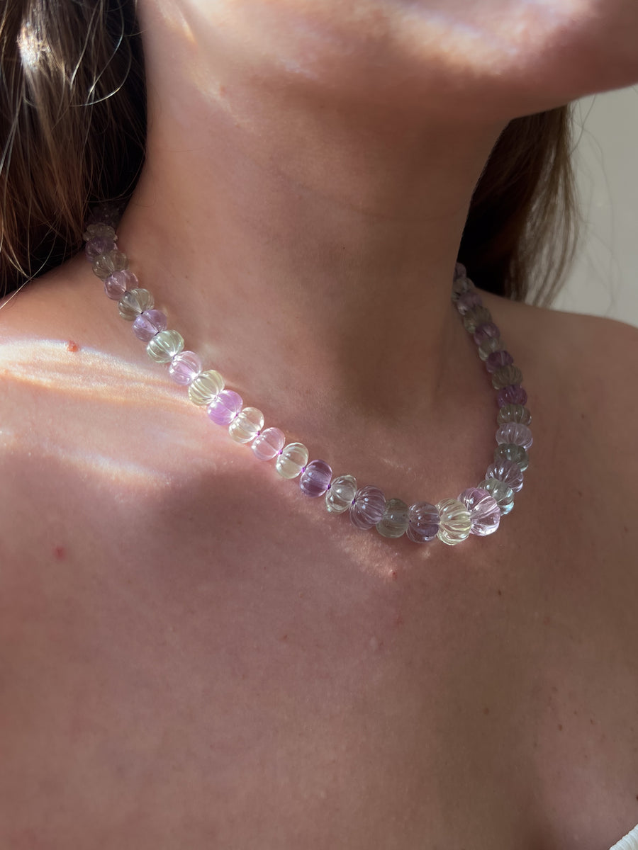 Amethyst and Prasiolite Carved Pumpkin Necklace