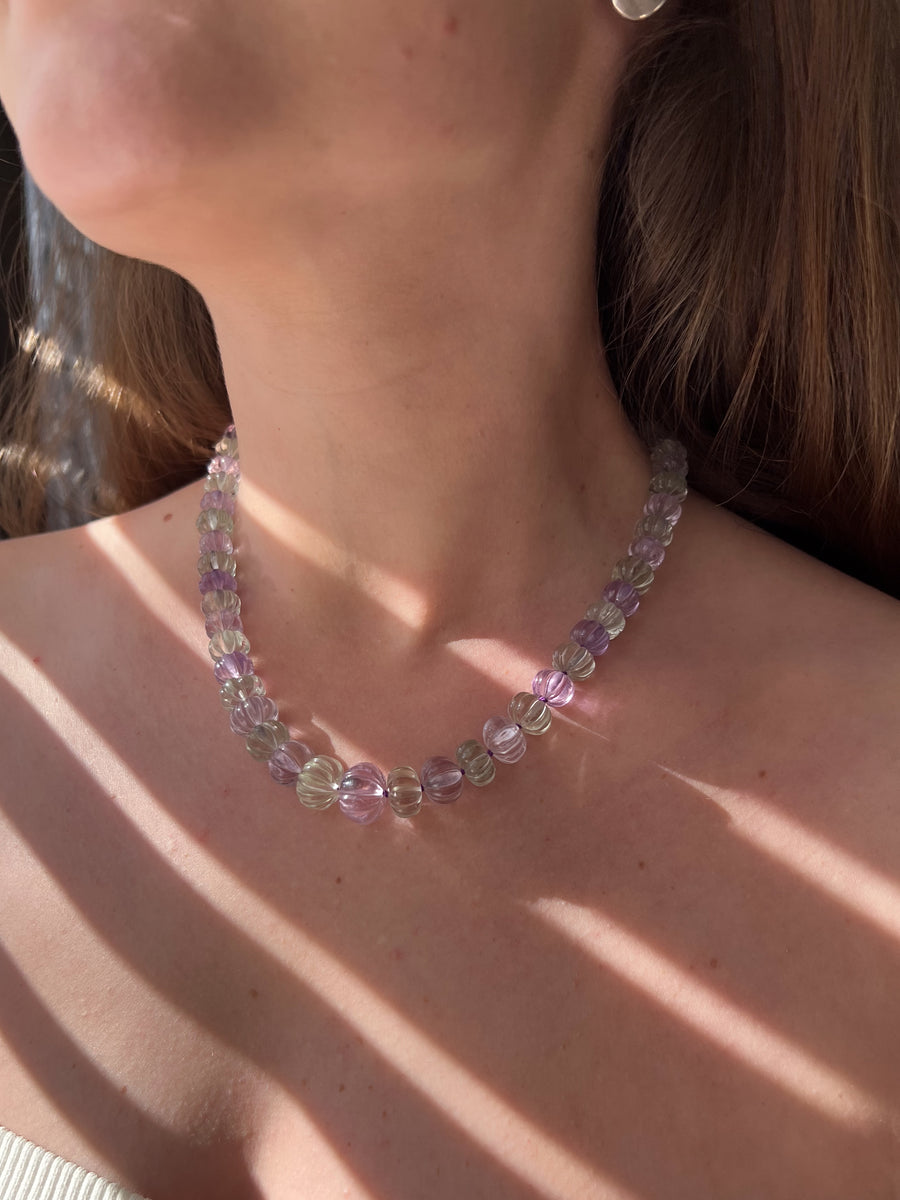 Amethyst and Prasiolite Carved Pumpkin Necklace