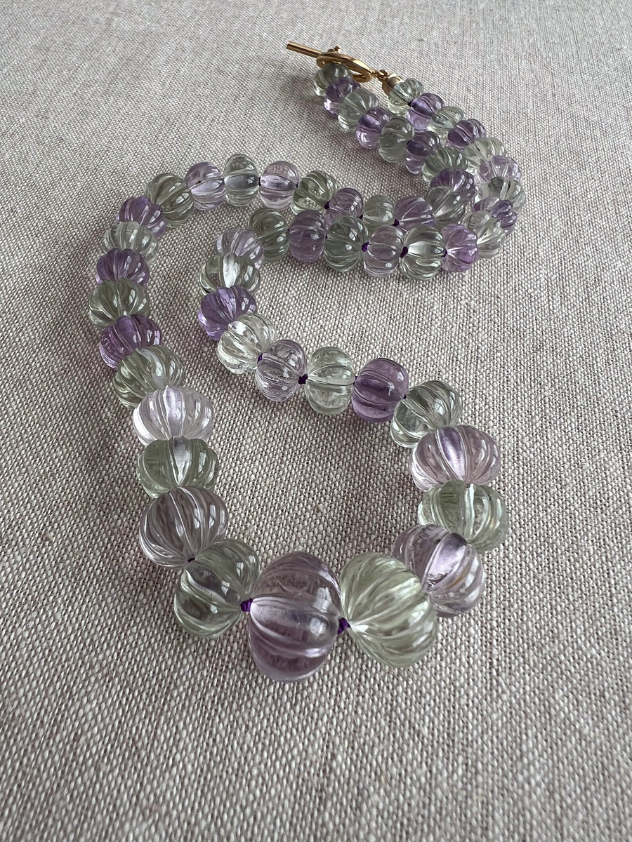Amethyst and Prasiolite Carved Pumpkin Necklace