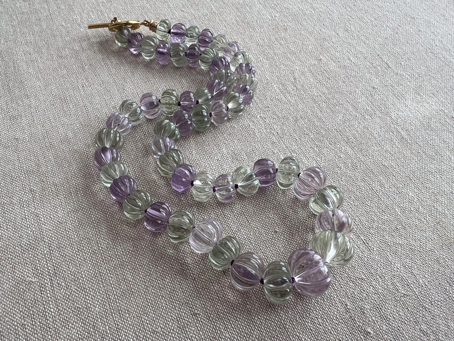 Amethyst and Prasiolite Carved Pumpkin Necklace