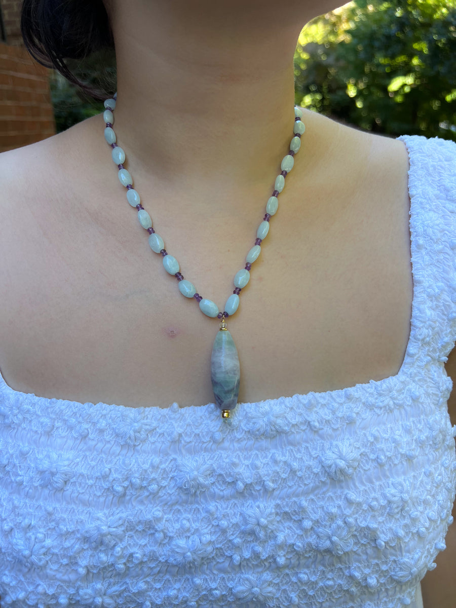 Aquamarine and Amethyst Necklace with Fluorite Pendant