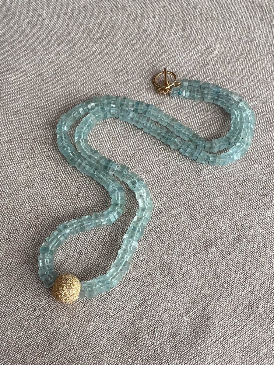 Aquamarine Slices Necklace with Gold Stardust Center Bead