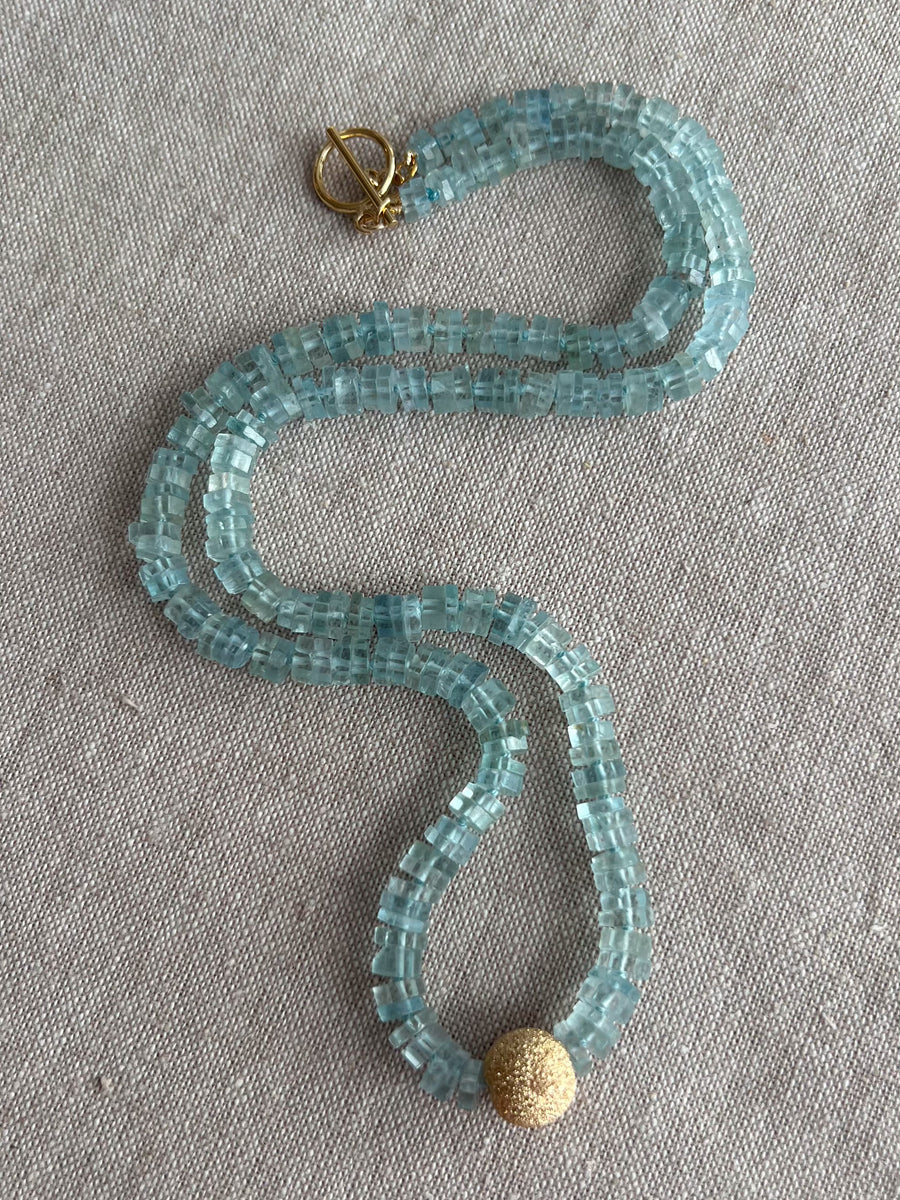 Aquamarine Slices Necklace with Gold Stardust Center Bead