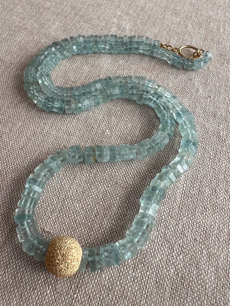 Aquamarine Slices Necklace with Gold Stardust Center Bead